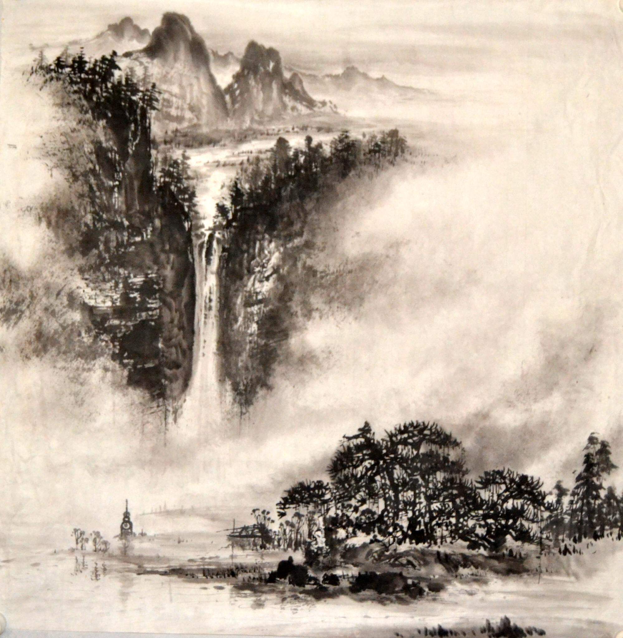 四尺无款背景墙书房风水客厅手绘原稿漓江斗方国画水墨山水画字画