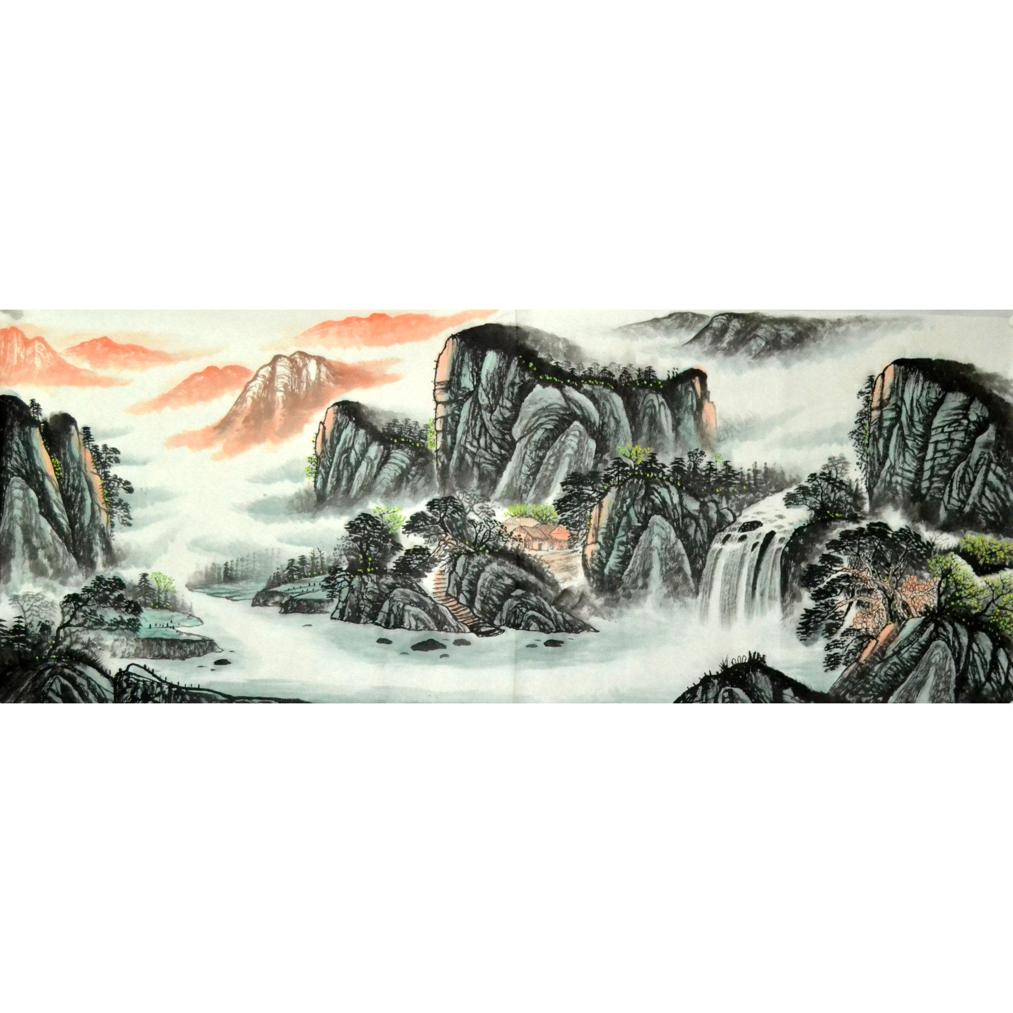 小六尺山水画字画手绘茶楼挂画横幅品田中式风水客厅春景青绿国画
