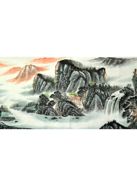 小六尺山水画字画手绘茶楼挂画横幅品田中式风水客厅春景青绿国画