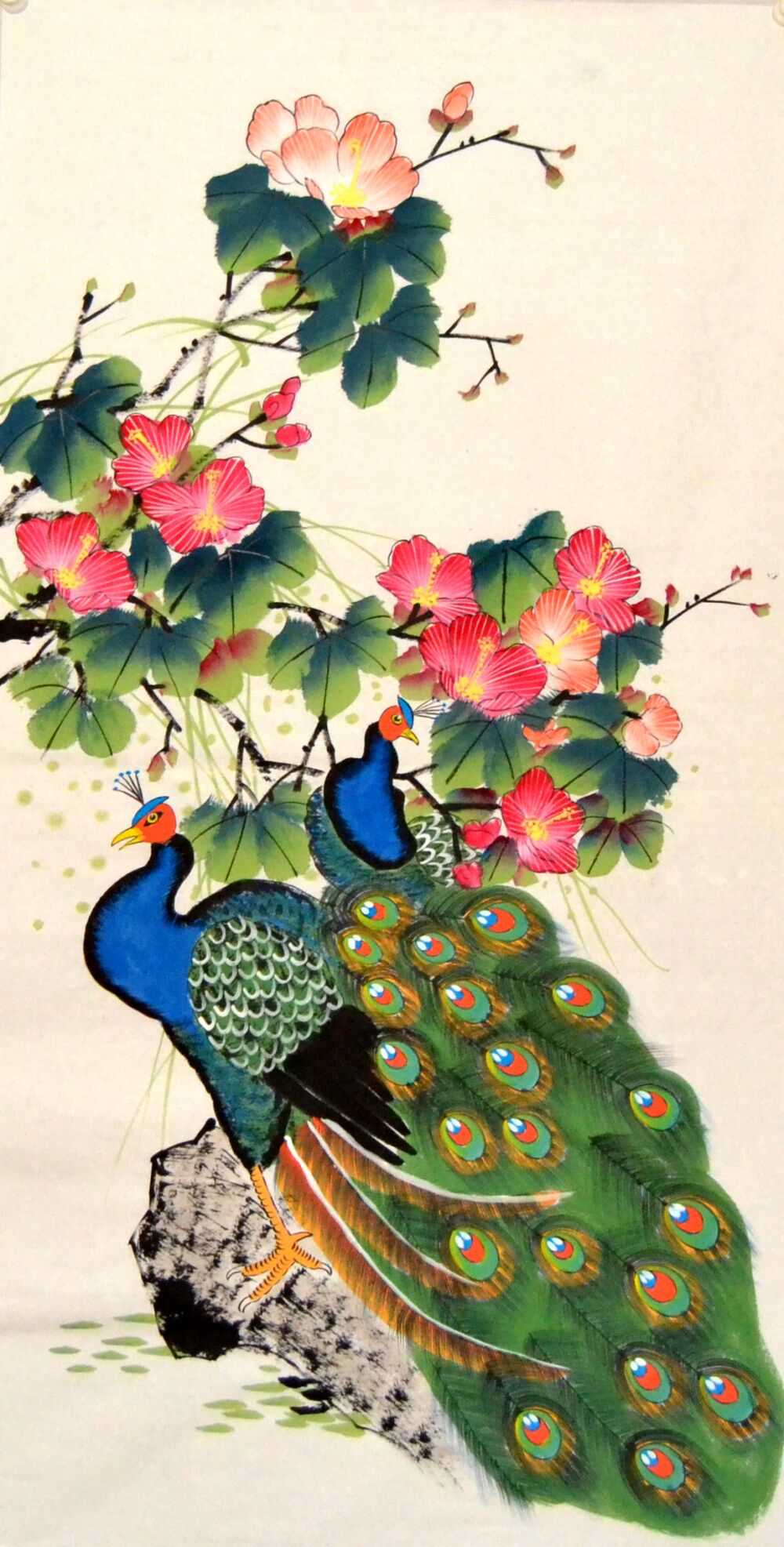 四尺孔雀牡丹国画花鸟字画手绘竖幅无款画心中堂装饰客厅墙画挂画