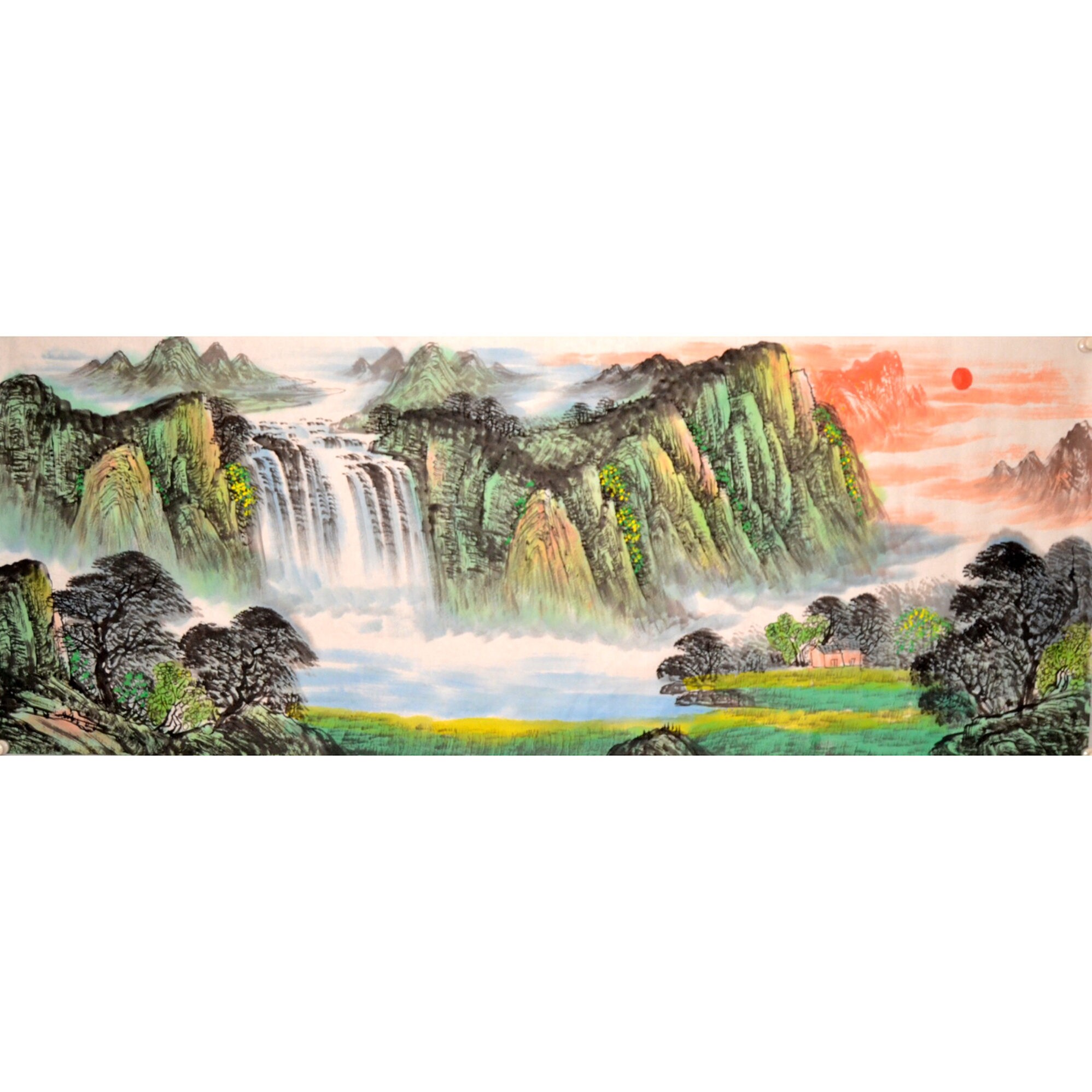 国画风水客厅茶楼未裱山水字画青绿手绘原稿方正小六尺聚宝盆横幅