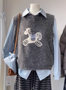韩式卡通小马针织背心长袖衬衫女灰色叠穿显瘦减龄两件套毛衣
