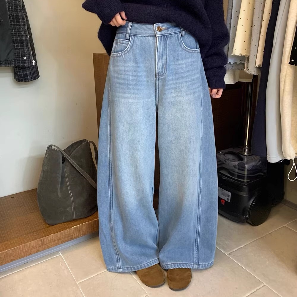 2025冬季新款韩系加绒阔腿牛仔裤