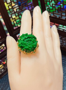 满绿雕刻花开富贵牡丹花开时尚气质百搭设计优雅女款戒指中国风