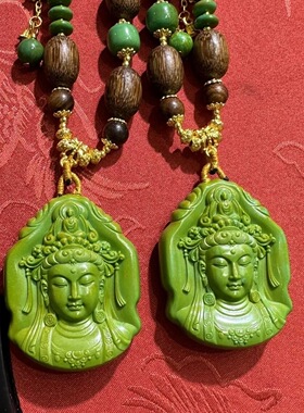 湖北原矿绿松石观音牌吊坠沉香木项链毛衣链中国风男女饰品藏族风