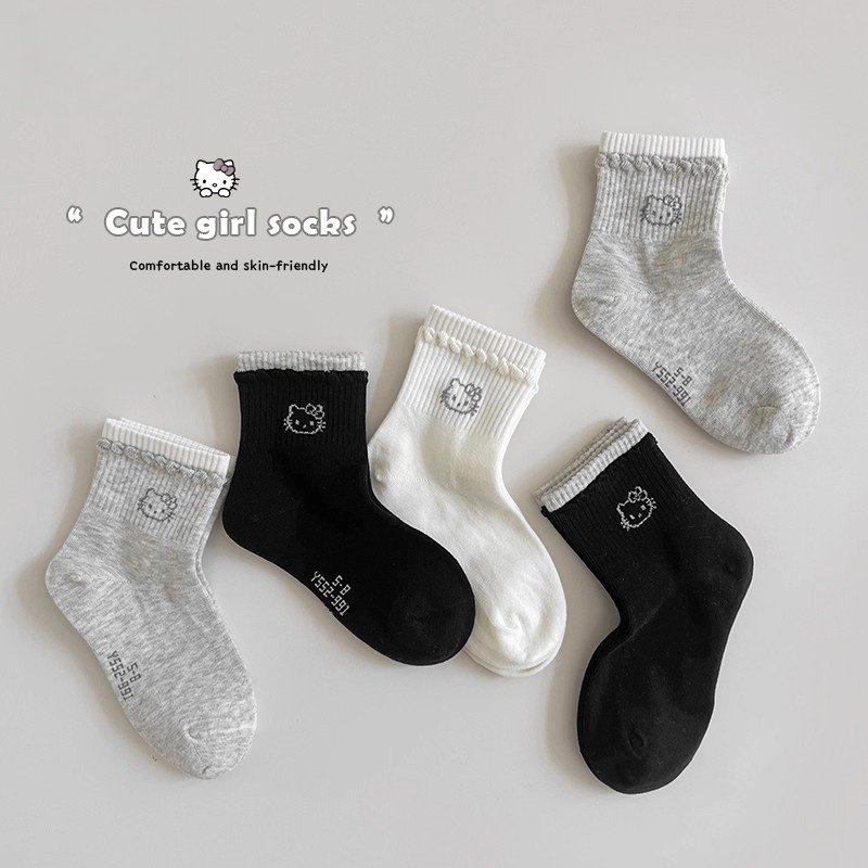 女童袜子春秋季儿童韩版ins卡通kt猫花边公主袜女孩无骨中筒袜秋