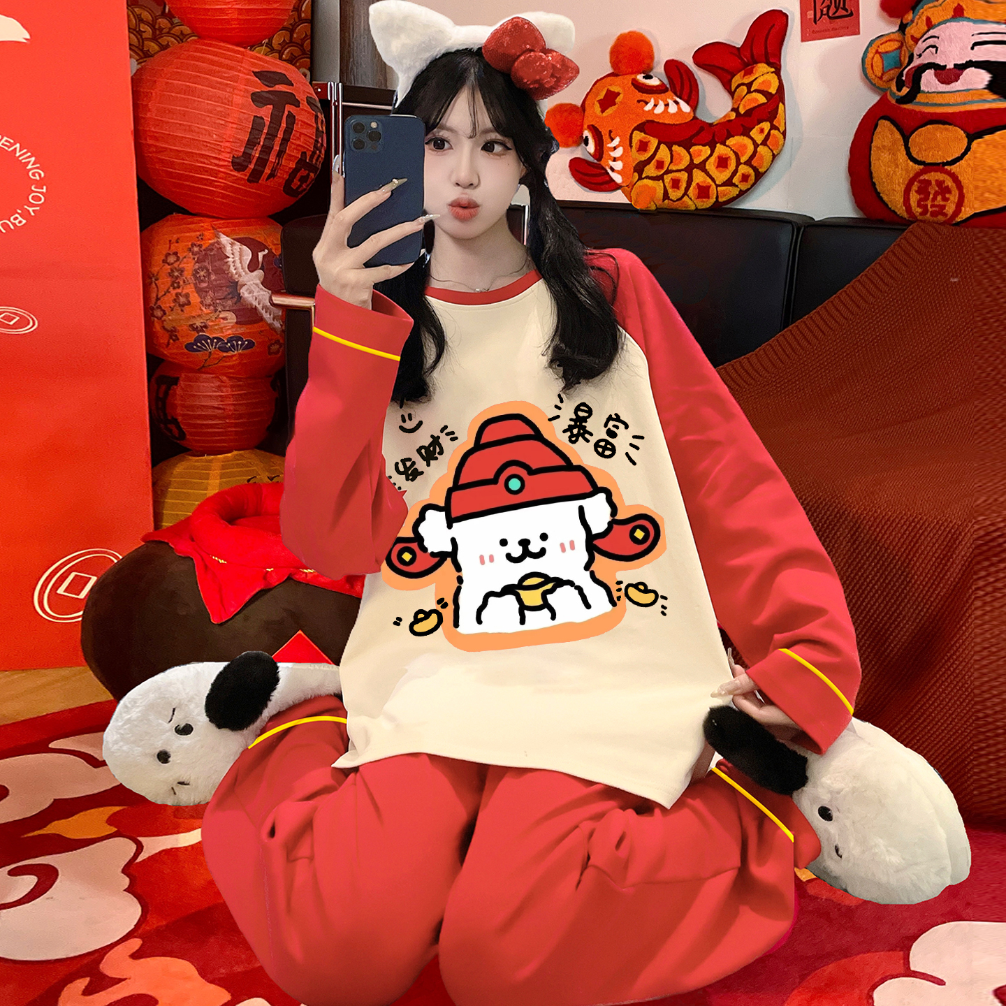 线条小狗睡衣女初中生儿童家居服