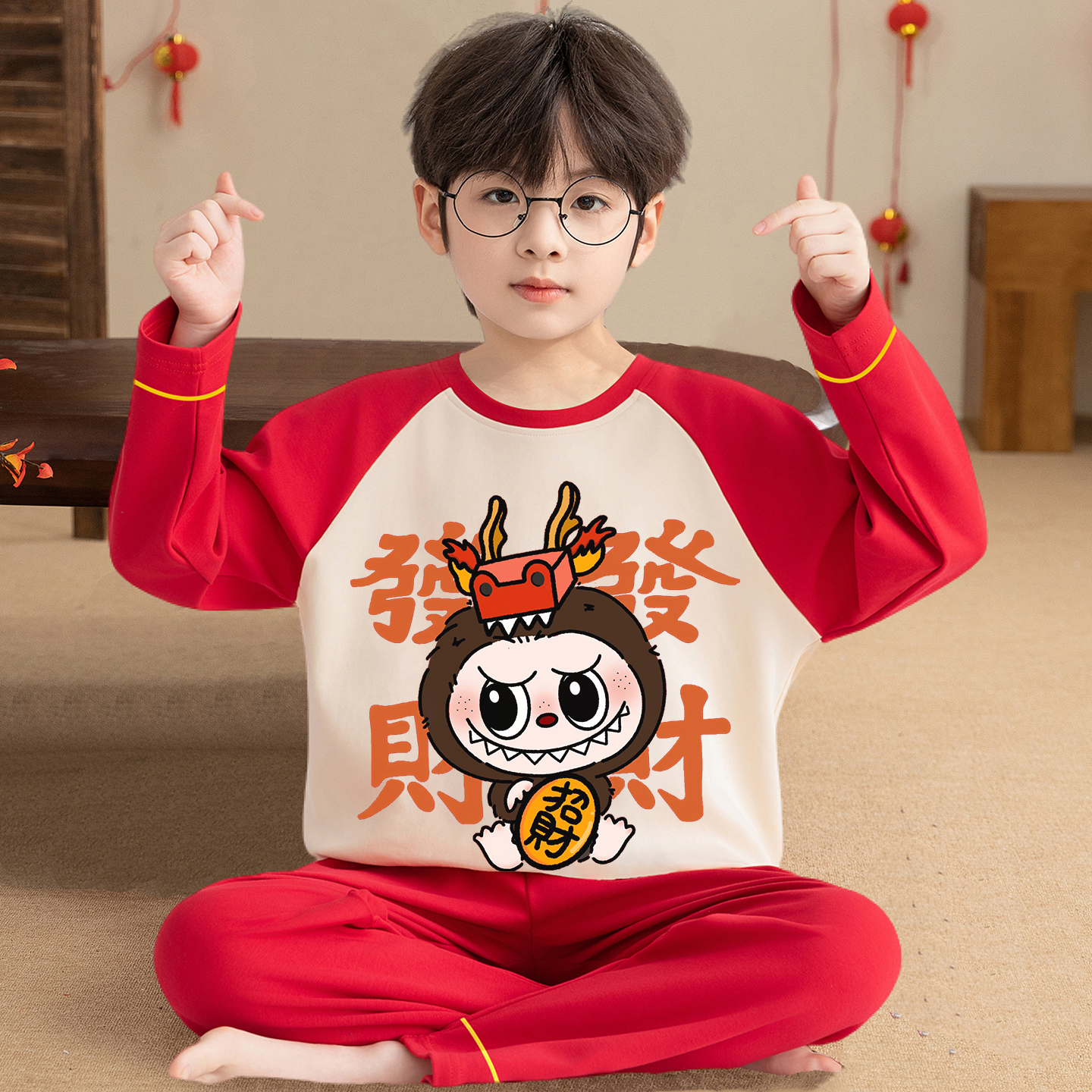 男童睡衣本命年马年图案纯棉红色
