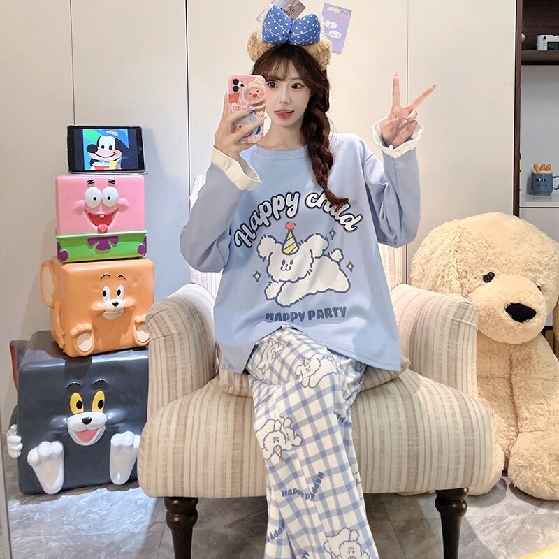 纯棉睡衣女款长袖初中生住校套装