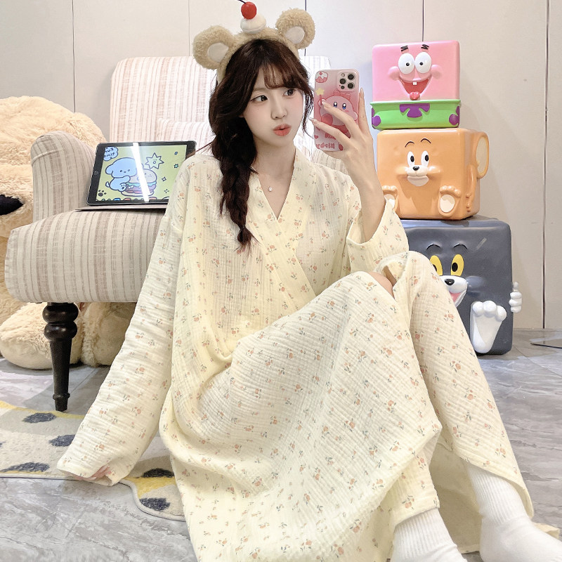 全棉长袖睡裙睡袍系带日系可穿浴巾纯棉碎花睡衣家居服套装女