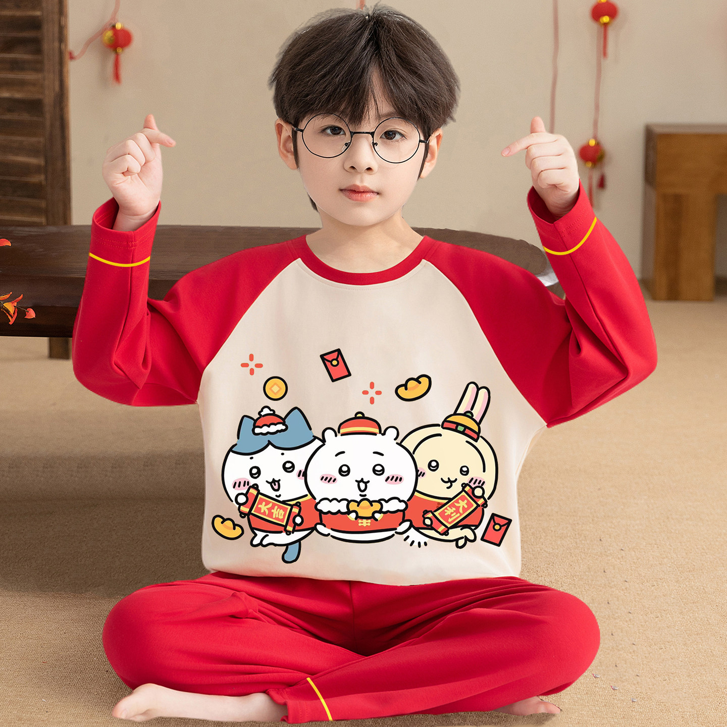 儿童睡衣男孩本命年纯棉2026马年打底红色秋衣男童保暖内衣套装