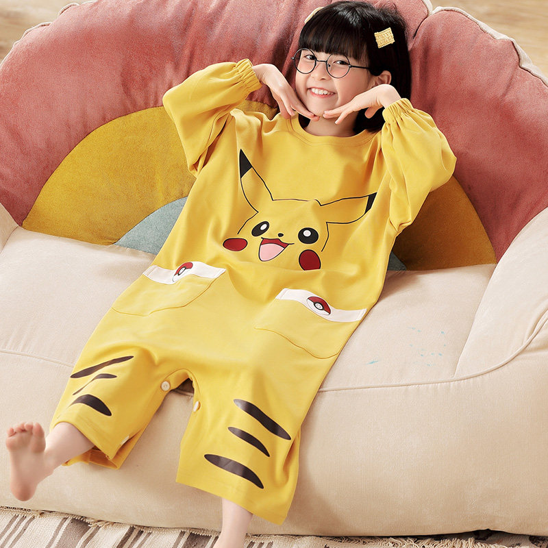 女童连身睡衣长袖儿童女中大童连体衣纯棉可爱少女睡裙家居服皮卡