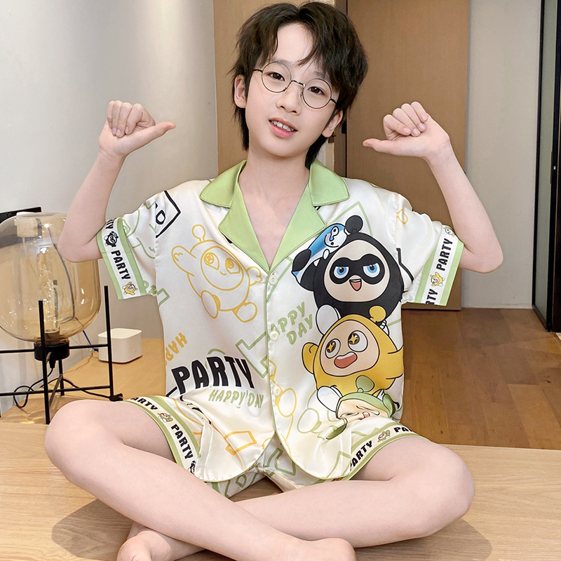 冰丝儿童睡衣男孩夏蛋仔派对短袖