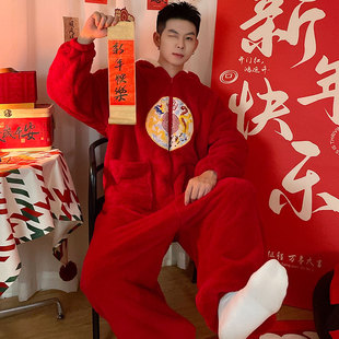 珊瑚绒秋冬季大码连体加绒加厚红色新款毛绒睡衣男家居服睡袋成人