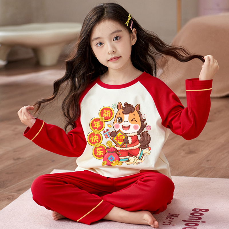 宝宝家居服女孩睡衣红色儿童套装