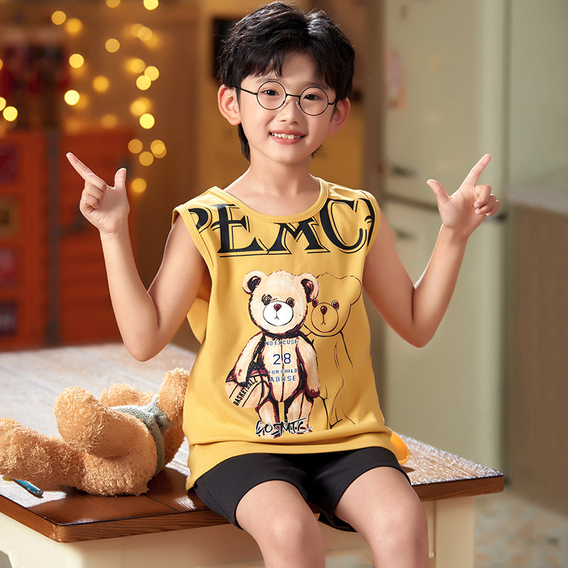 男童夏睡衣纯棉儿童空调服跨栏背心中大童夏装无袖短裤吸汗家居服