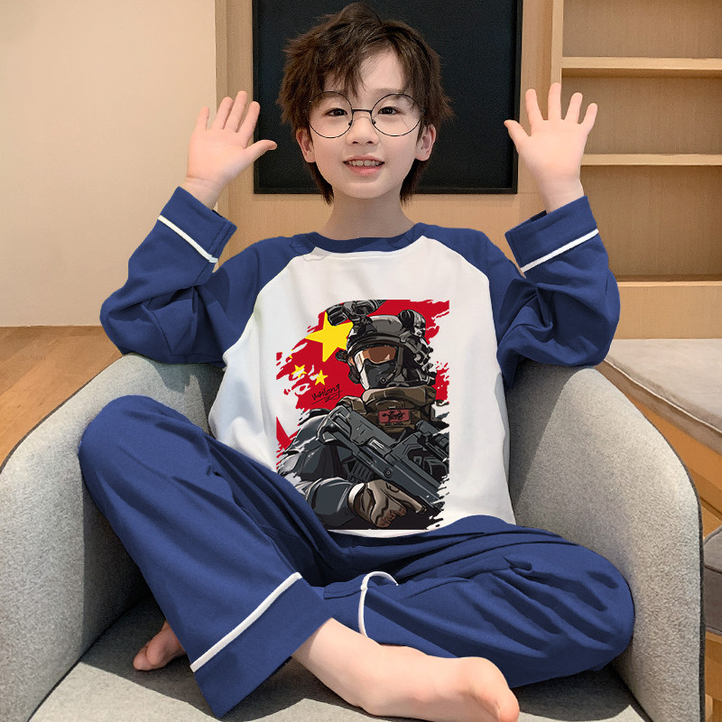 儿童秋衣三角洲威龙纯棉睡衣男童青少年套装2026新款家居服两件套