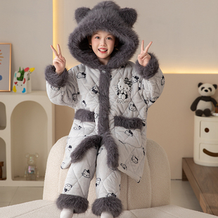 三层加厚夹棉睡衣女童2025超火棉袄HelloKitty冬季家居服儿童睡袍