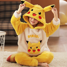 儿童法兰绒睡衣男孩冬季皮卡丘保暖珊瑚绒男中大童连帽家居服套装