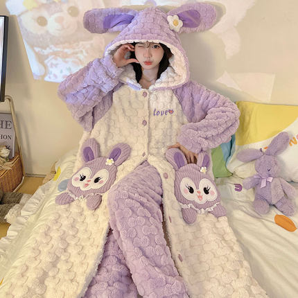 睡衣女款秋冬季珊瑚绒加绒加厚法兰绒睡袍2024新款浴袍家居服套装