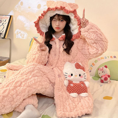 特厚三层夹棉睡衣女冬珊瑚绒睡袍