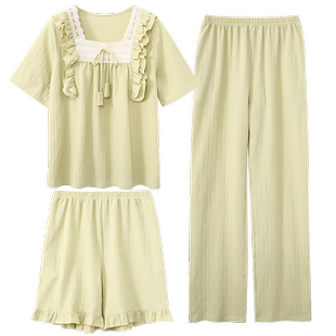 马克公主睡衣女夏季带胸垫纯棉短袖三件套装法式甜美家居服可外穿