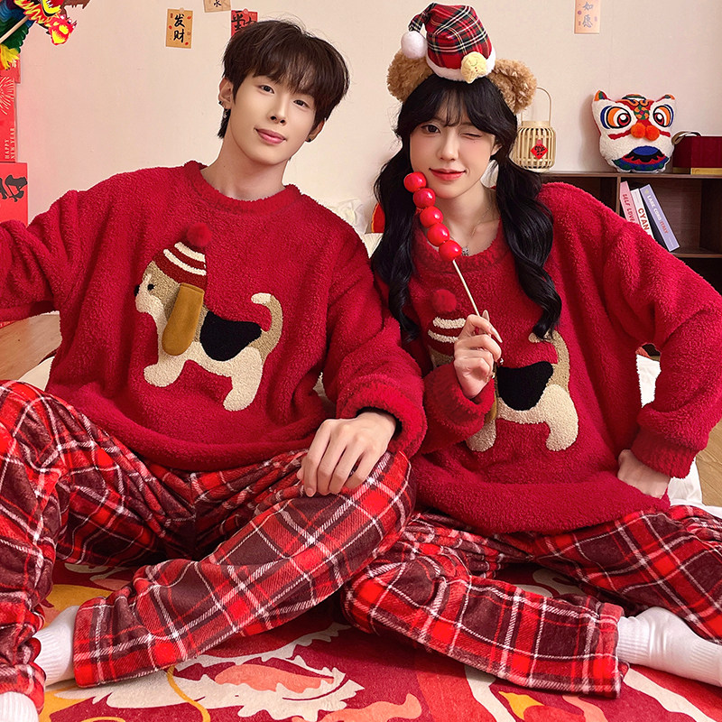 半边绒情侣睡衣女可外穿冬加厚本命马年红色套装男士珊瑚绒家居服