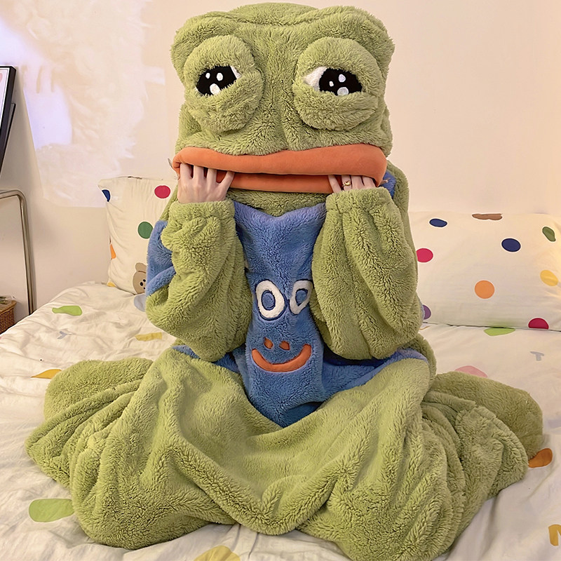 珊瑚绒睡衣女生冬天加厚可外穿可爱悲伤蛙毛绒套装家居服睡袋成人