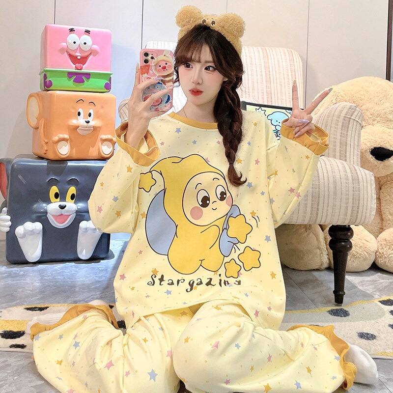 纯棉睡衣女款长袖初中生住校套装