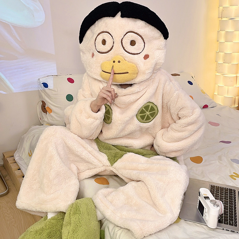 珊瑚绒睡衣女生冬季加厚加绒连帽小刘鸭搞怪女款冬天家居服连体衣