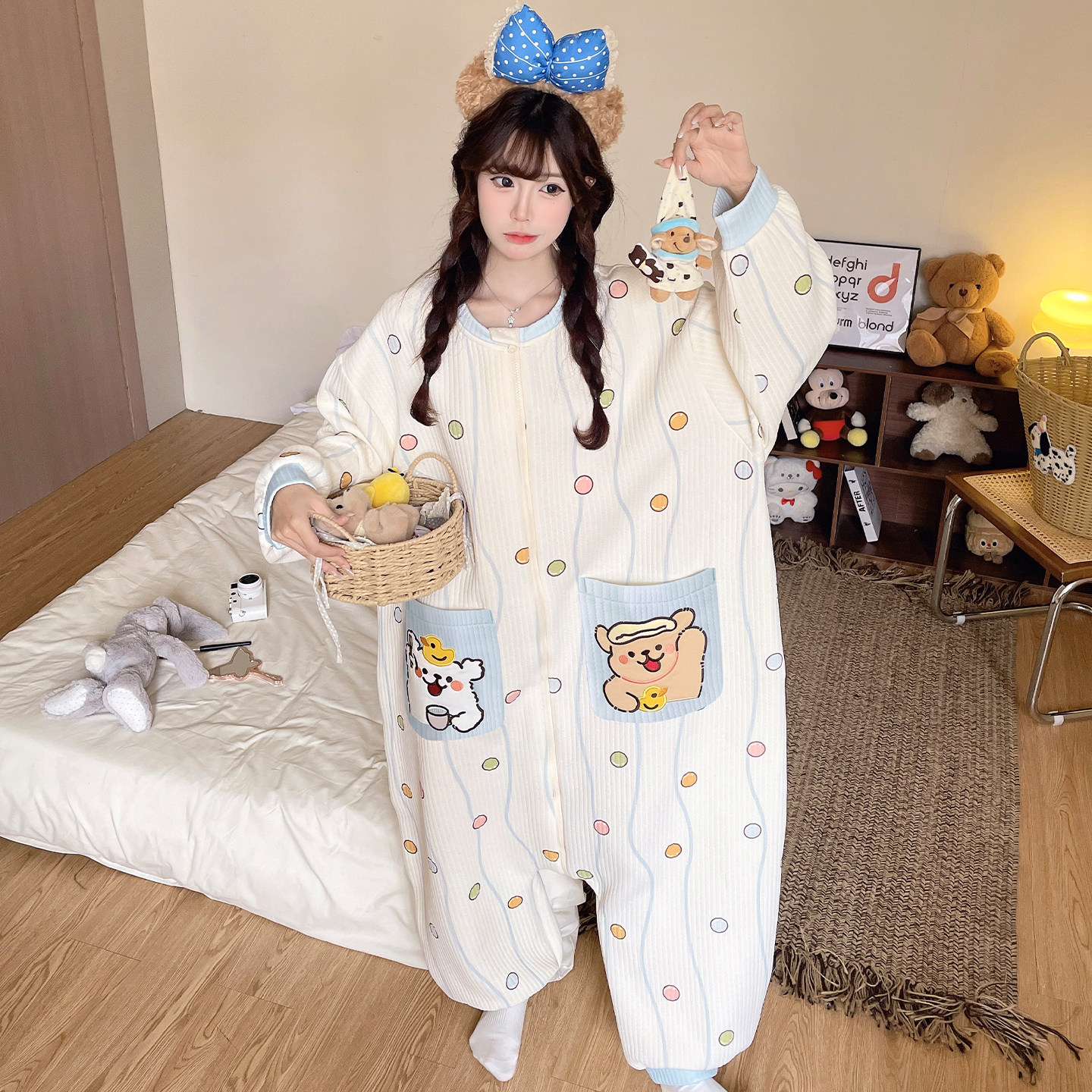 冬季睡衣女款连体衣线条小狗睡袋