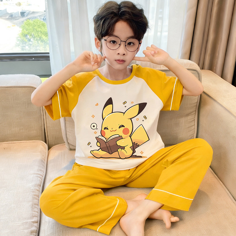 纯棉睡衣男童皮卡丘短袖长裤春夏宝宝套装衣服儿童家居服童装男孩