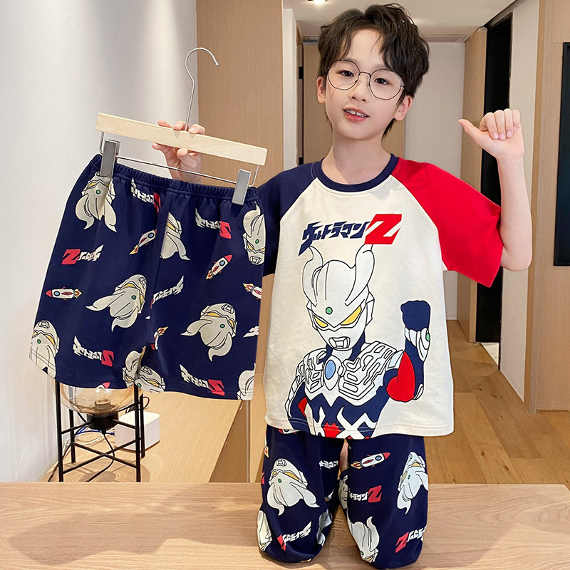 男童睡衣夏季纯棉短袖赛罗奥特曼套装迪迦儿童家居服2024新款夏装
