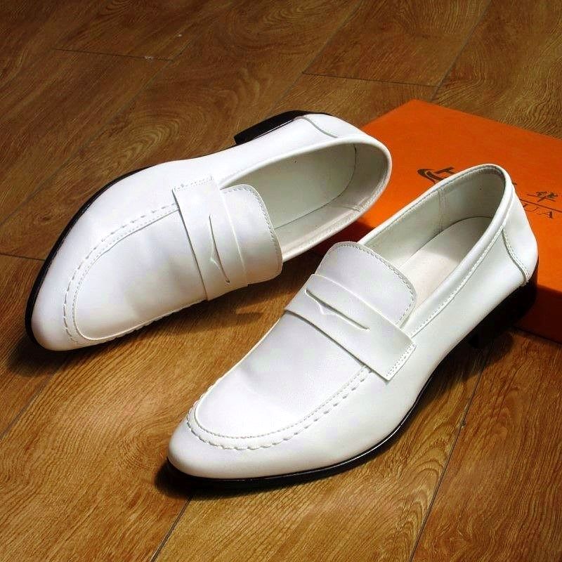 男士白色皮鞋青年商务休闲鞋套脚尖头软皮舒适透气中跟内增高男鞋