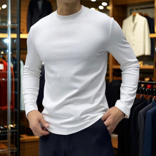 丝滑柔软红色抗皱薄半高领打底衫 100支丝光棉修身 长袖 中领T恤男士