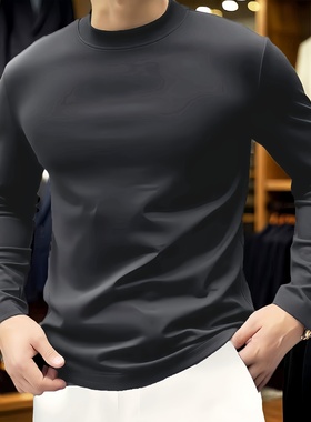 丝光棉中领T恤男士长袖修身丝滑丝光棉抗皱深灰色半高领薄打底衫