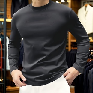 丝滑丝光棉抗皱深灰色半高领薄打底衫 修身 长袖 丝光棉中领T恤男士