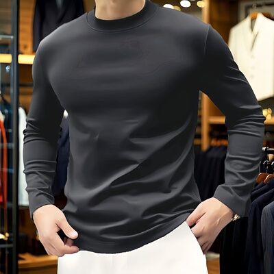 丝光棉中领T恤男士长袖修身丝滑丝光棉抗皱深灰色半高领薄打底衫