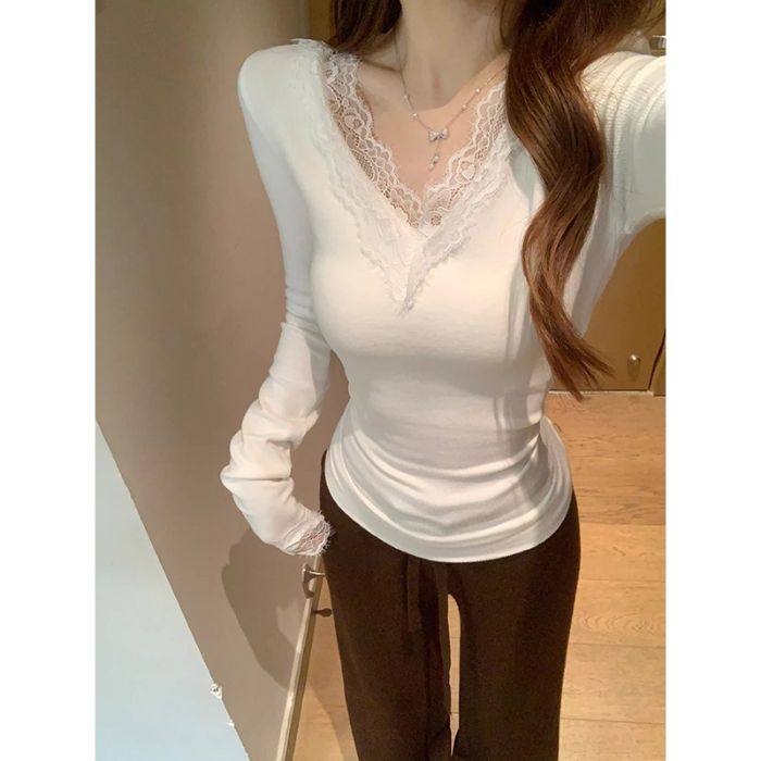 纯欲白色蕾丝花边v领打底衫女
