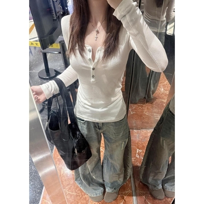 美式辣妹V领设计感小众长袖T恤女