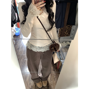 纯欲风蝴蝶结设计感长袖 内搭保暖上衣 t恤女春秋bm风蕾丝花边修身