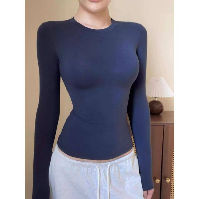 2025秋季新款美式圆领长袖t恤女修身秋冬内搭白色上衣紧身打底衫