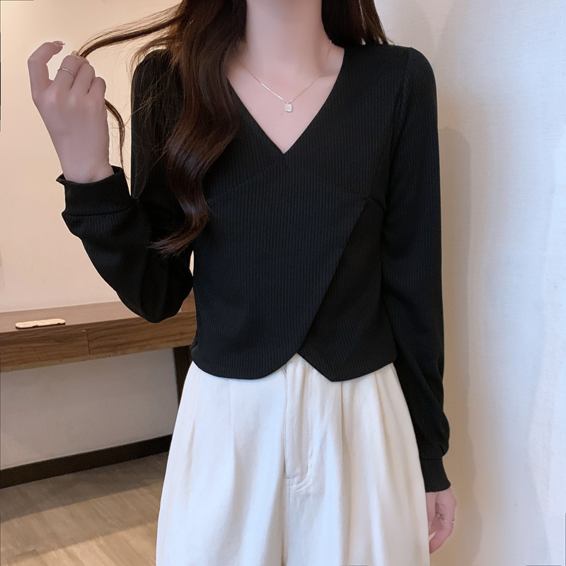 设计感小众v领正肩长袖T恤女