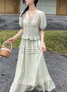 MOBAI默白【清仓5折】法式复古V领短袖上衣半裙套装女设计感衬衫