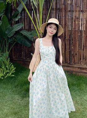 MOBAI默白【五月花】法式复古方领碎花背心裙女夏季大摆显瘦长裙