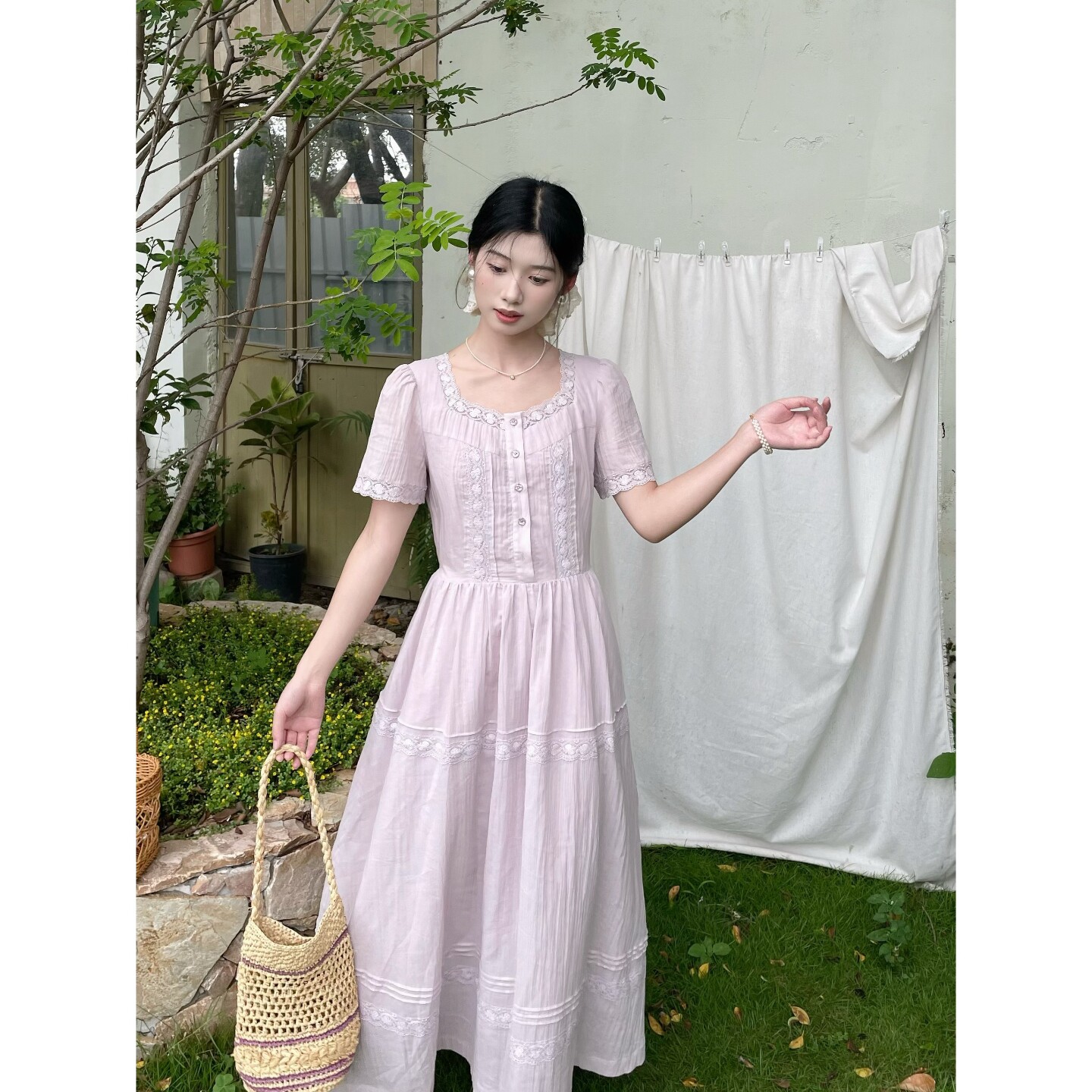 MOBAI自制【烟藤萝】法式复古小众连衣裙女夏季收腰口袋仙女长裙