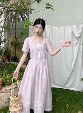 MOBAI自制【烟藤萝】法式复古小众连衣裙女夏季收腰口袋仙女长裙