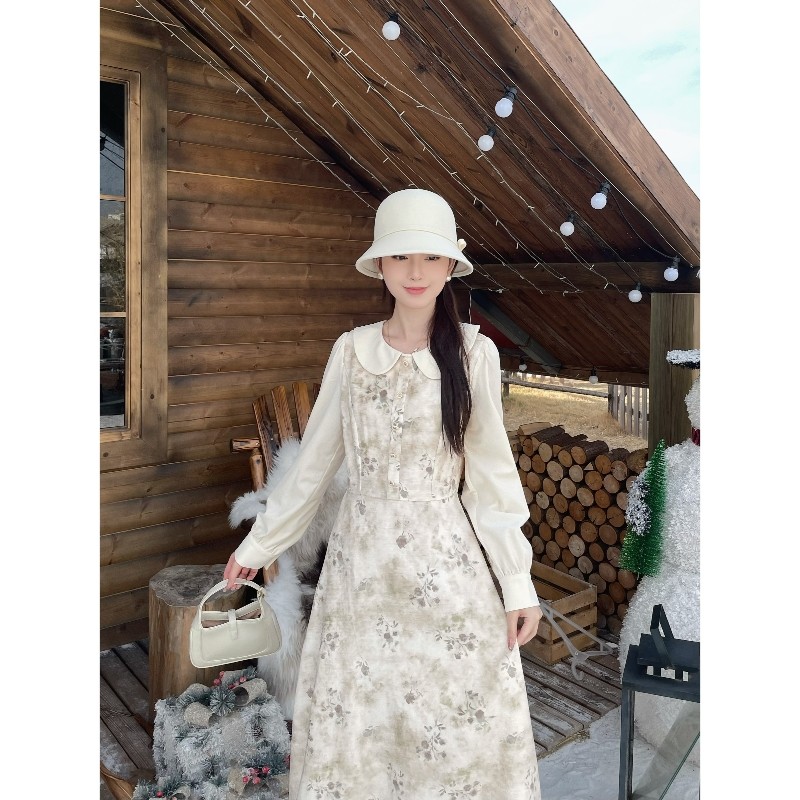 MOBAI默白【清仓3折】复古娃娃领拼接连衣裙女秋冬内搭显瘦长裙子,女装/女士精品,连衣裙,淘宝优惠券,粉丝福利购,淘宝优惠卷