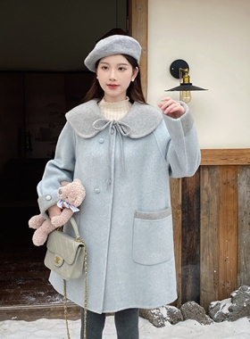 MOBAI默白【复古拼色】娃娃领双面呢全羊毛大衣冬季中长款外套