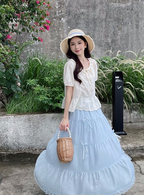 MOBAI默白 温柔蝴蝶结高腰半身裙女夏季仙女风A字百搭遮肉长裙子